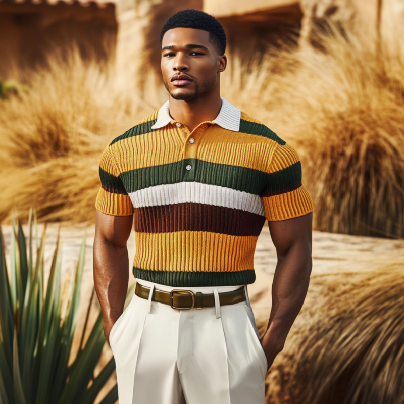 Men's Casual Contrast Stripe Lapel Slim Fit Soft Knitted Short Sleeve Polo Shirt