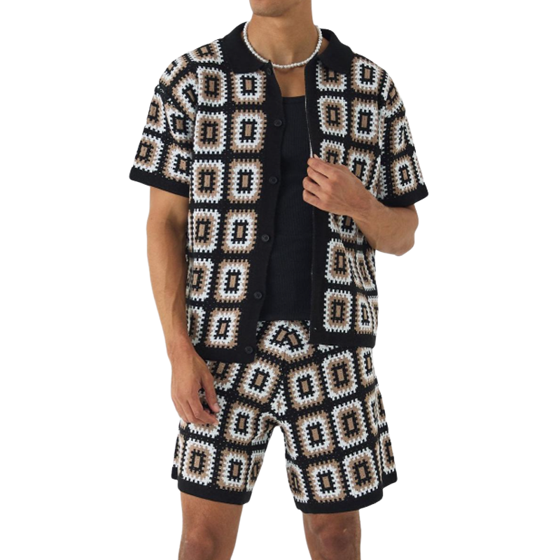 Men's Spring and Summer Fashion Casual Hollow Knitted Short-sleeved T-shirt Shorts Set ASW1038D7K