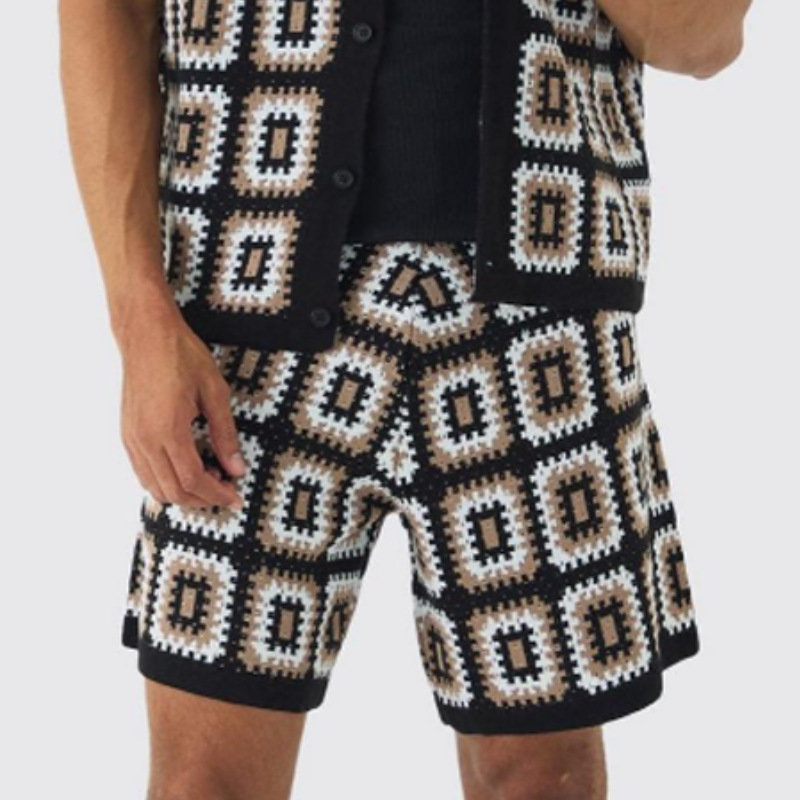 Men's Spring and Summer Fashion Casual Hollow Knitted Short-sleeved T-shirt Shorts Set ASW1038D7K