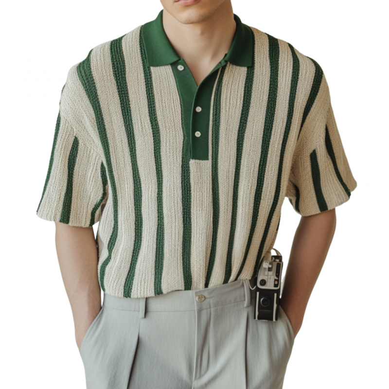 Men's Casual Contrast Stripe Lapel Slim Fit Soft Knitted Short Sleeve Polo Shirt MTA0978D1M