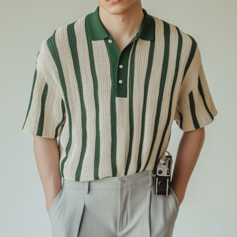 Men's Casual Contrast Stripe Lapel Slim Fit Soft Knitted Short Sleeve Polo Shirt