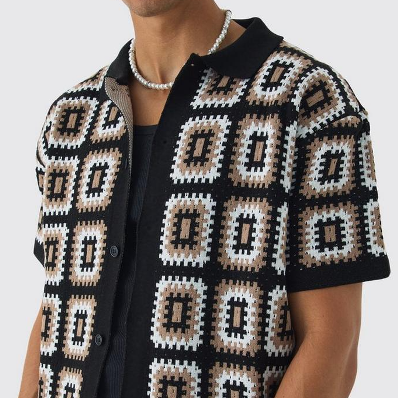Men's Spring and Summer Fashion Casual Hollow Knitted Short-sleeved T-shirt Shorts Set ASW1038D7K