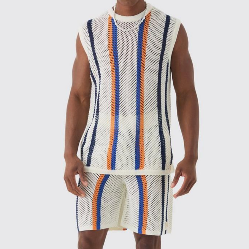 Ensemble débardeur et short en tricot à rayures verticales pour homme, décontracté, à la mode, été, ASW1066D3K