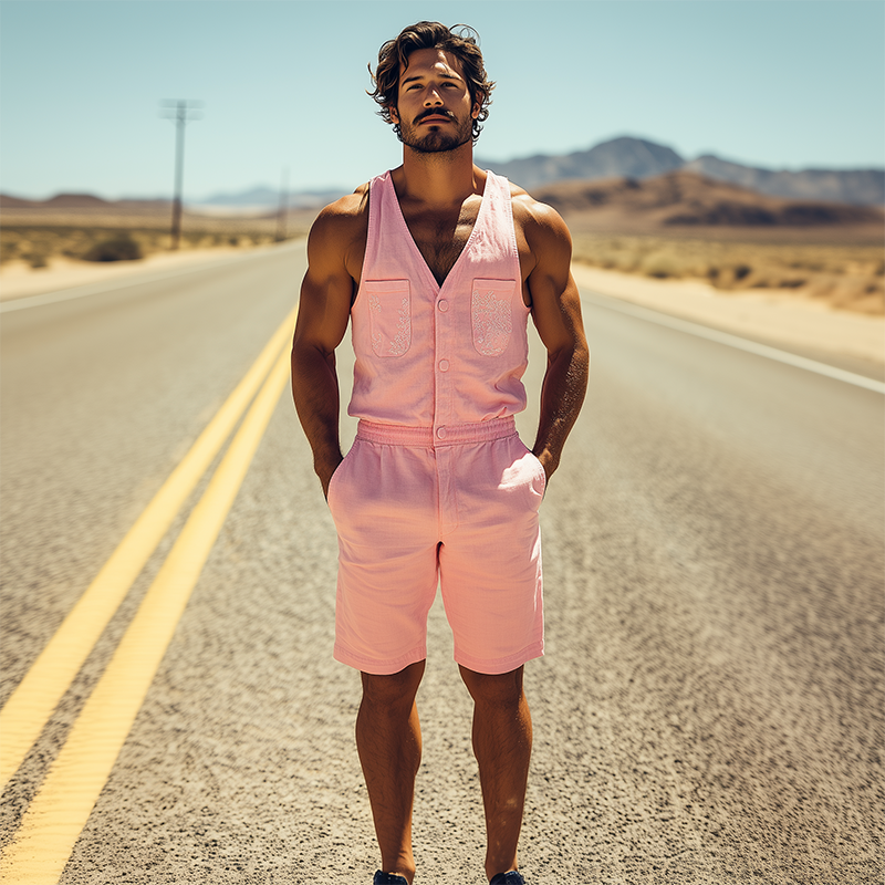 Combinaison décontractée en coton et lin brodée pour homme, style printemps-été