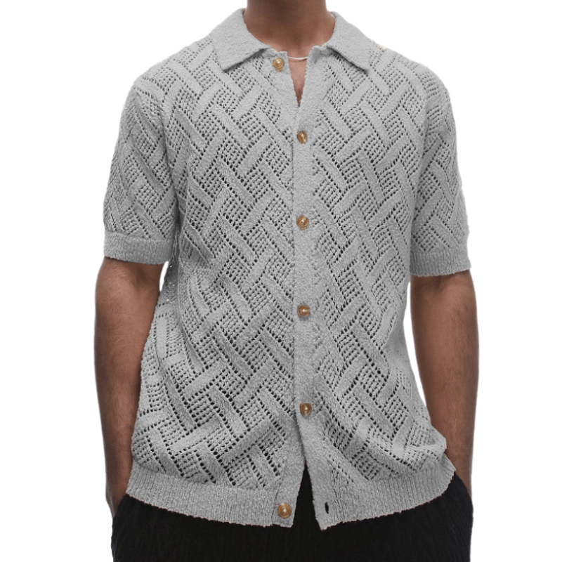 Men's Casual Geometric Jacquard Lapel Slim Fit Short Sleeve Knitted Cardigan