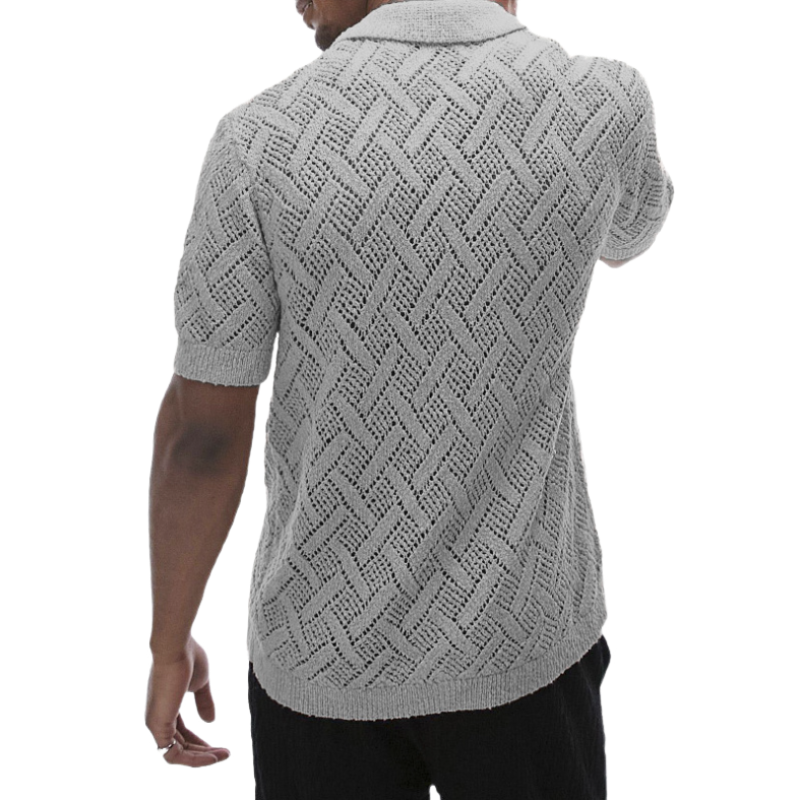 Men's Casual Geometric Jacquard Lapel Slim Fit Short Sleeve Knitted Cardigan