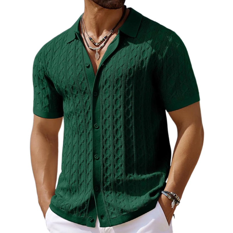 Men's Casual Geometric Jacquard Lapel Slim Fit Short Sleeve Knitted Cardigan  MTA1034D7M