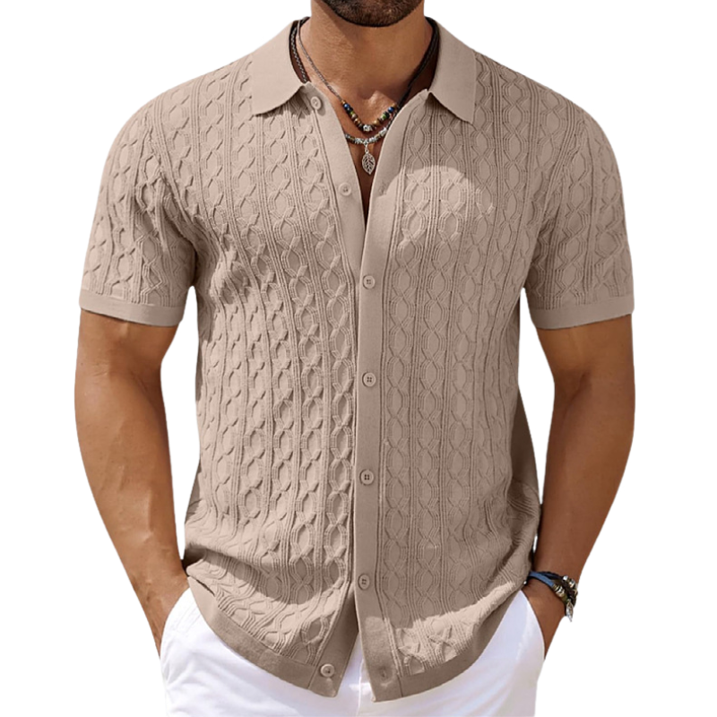 Men's Casual Geometric Jacquard Lapel Slim Fit Short Sleeve Knitted Cardigan  MTA1034D7M