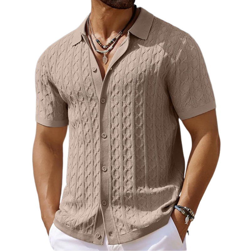 Men's Casual Geometric Jacquard Lapel Slim Fit Short Sleeve Knitted Cardigan  MTA1034D7M