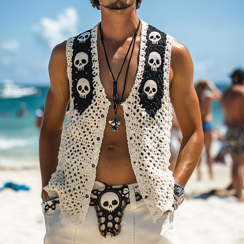 Men's Vintage Casual Skull Knit Single Breasted Vest ASW1140D0TO