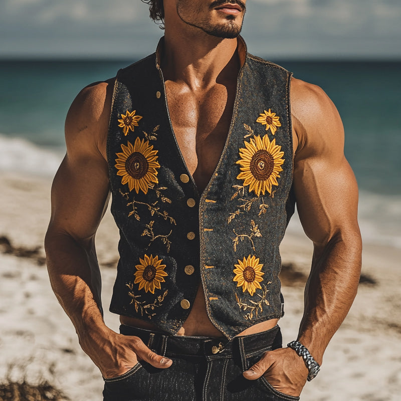 Men's Casual Denim Sunflower Floral Embroidered Vest