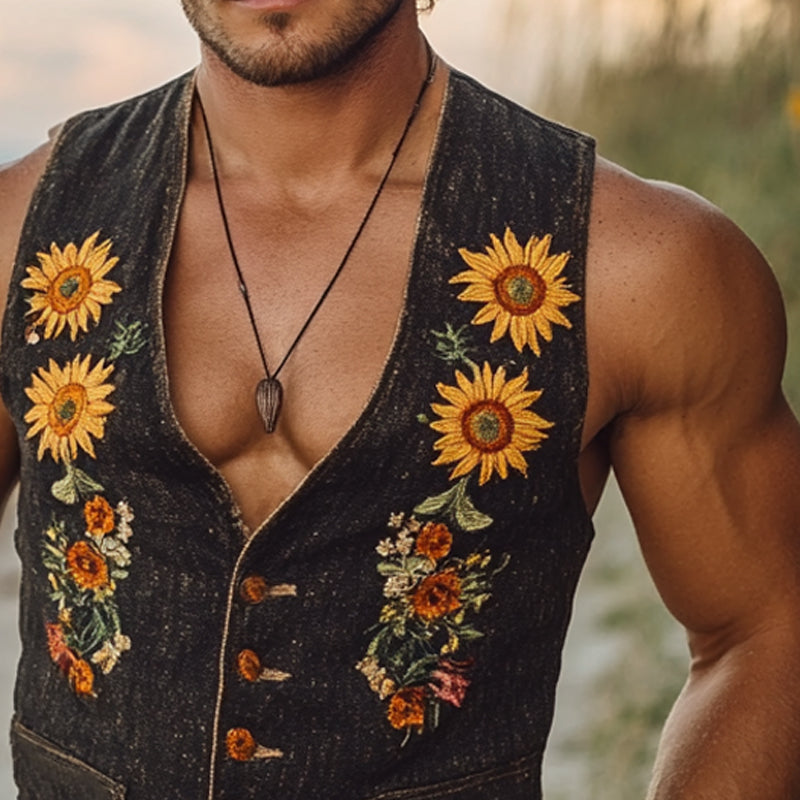 Men's Summer Sunflower Embroidered V-Neck Denim Vest
