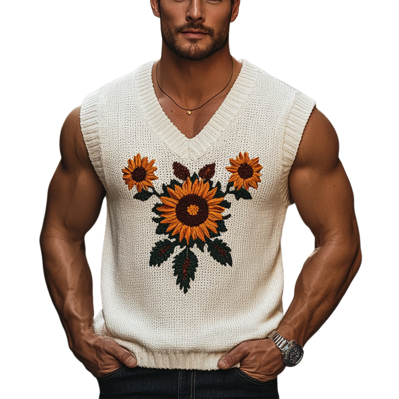 Men's Casual Knitted Sunflower Jacquard V-Neck Tank Top ASW1107D2X