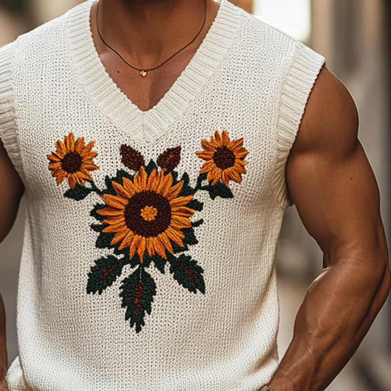 Men's Casual Knitted Sunflower Jacquard V-Neck Tank Top ASW1107D2X