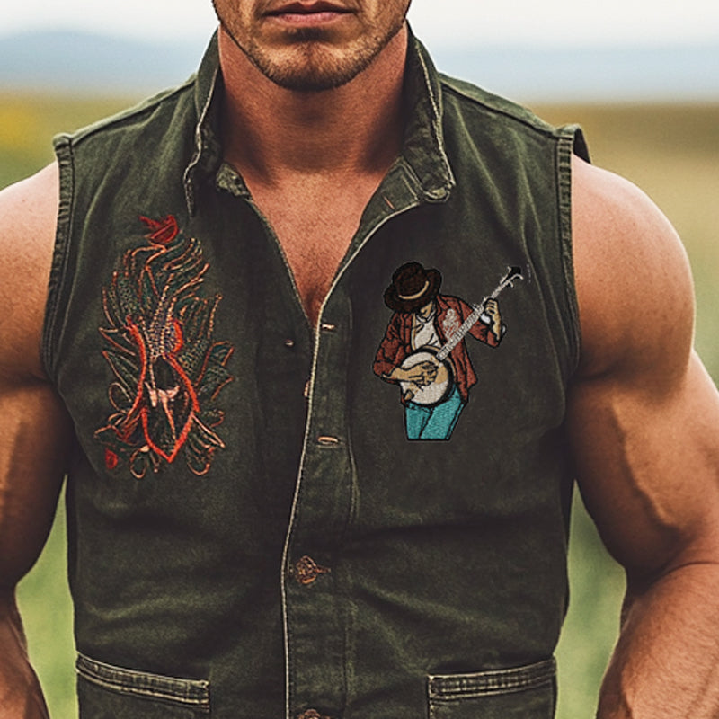 Men's Western Cowboy Embroidered Lapel Denim Vest