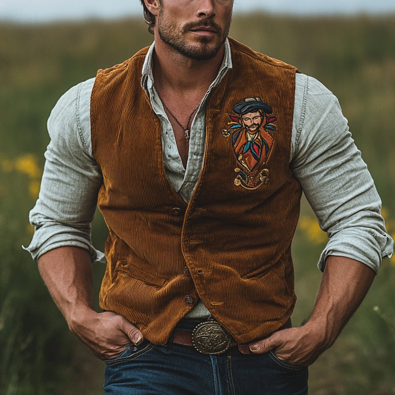 Men's Corduroy Embroidered V-Neck Vest