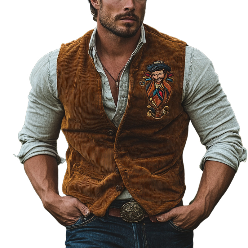 Men's Corduroy Embroidered V-Neck Vest
