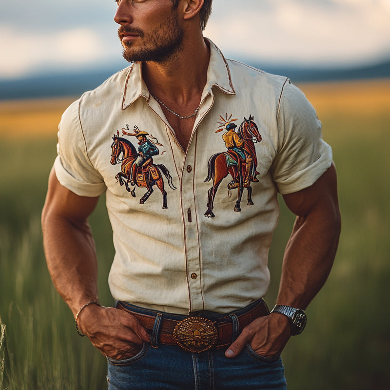 Men's Western Denim Casual Vintage Short-Sleeve Shirt