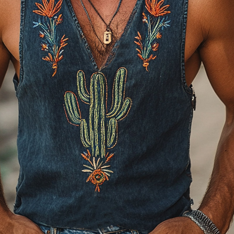 Men's Vintage Washed Cactus Embroidered V-Neck Tank Top