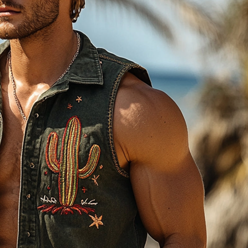 Men's Denim Cactus Fun Embroidered Lapel Vest