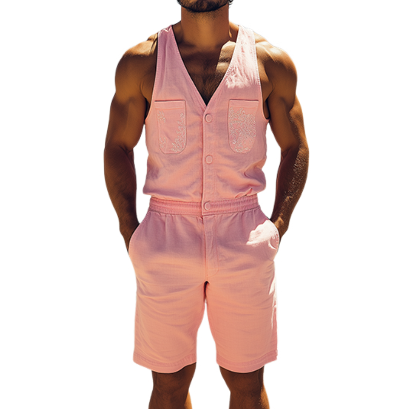 Men's Spring and Summer Fashion Casual Vest Shorts Embroidered Cotton and Linen Jumpsuit