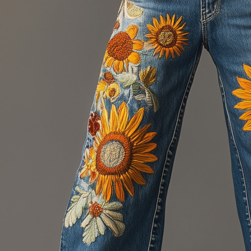 Men's Spring Fashion Vintage Embroidered Denim Casual Pants