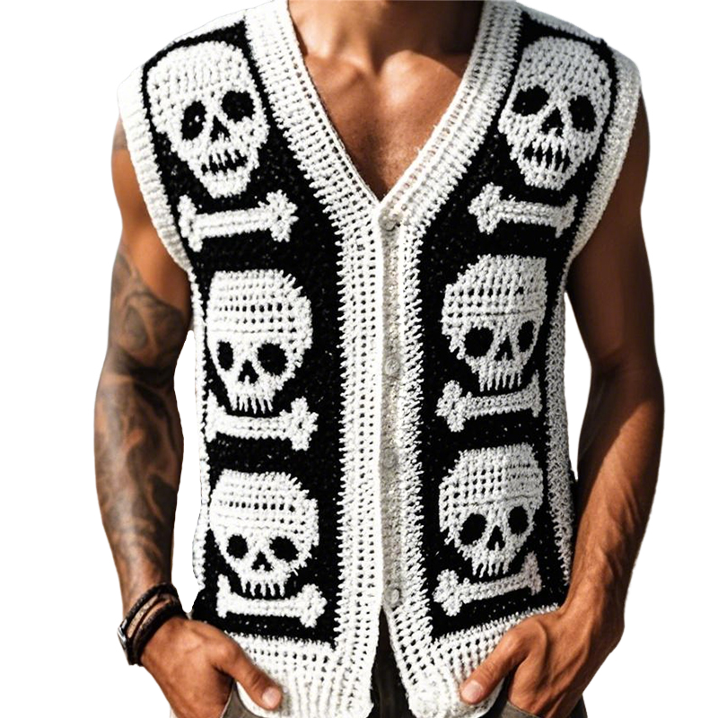 Herren Vintage Casual Skull Strick Einreihige Weste ASW1177D2TO