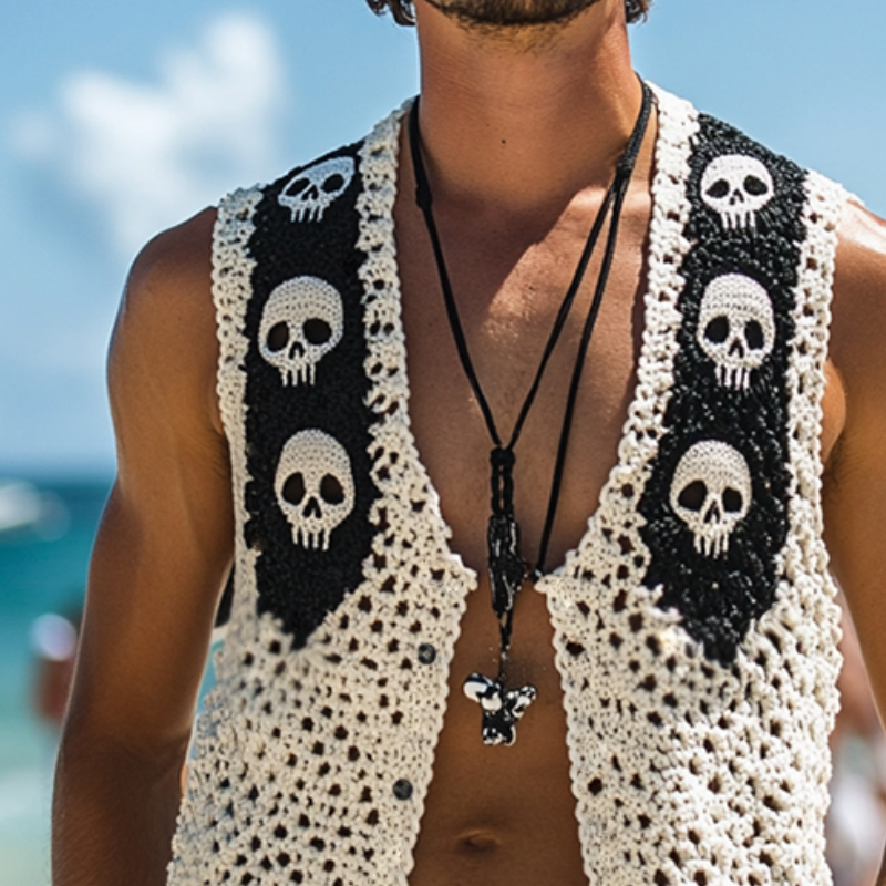 Men's Vintage Casual Skull Knit Single Breasted Vest ASW1140D0TO