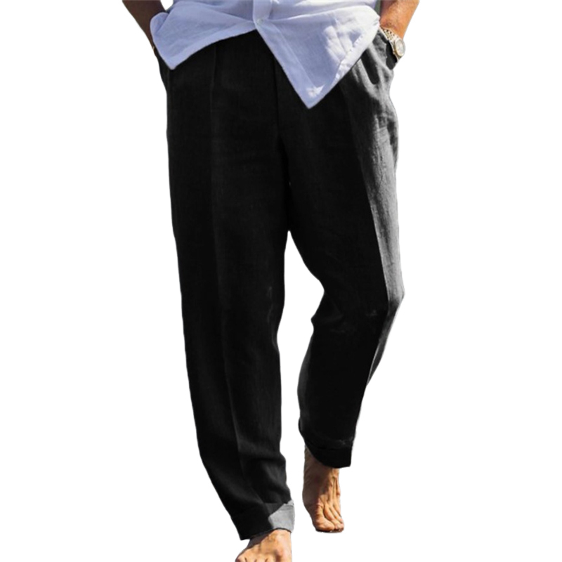 Men's Cotton and Linen Elastic Waist Solid Color Casual Pants