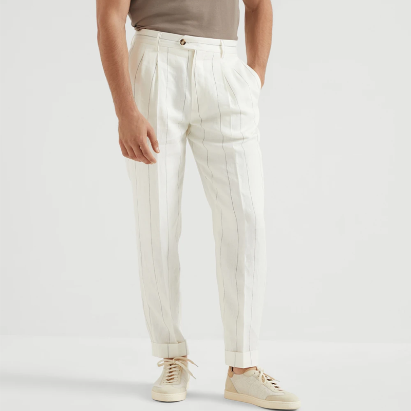 Men's Spring and Summer Fashion Classic Casual Suit Pants Cotton and Linen Striped Pants