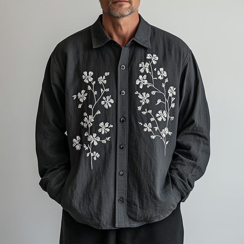 Men's Spring Fashion Embroidered Long Sleeve Casual Shirt
