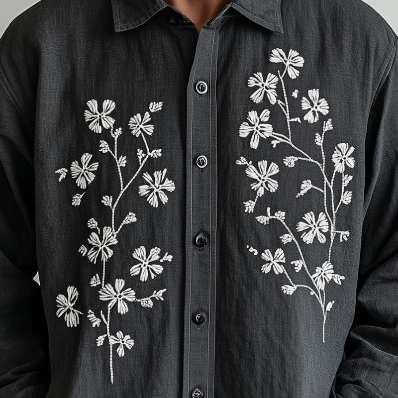 Men's Spring Fashion Embroidered Long Sleeve Casual Shirt