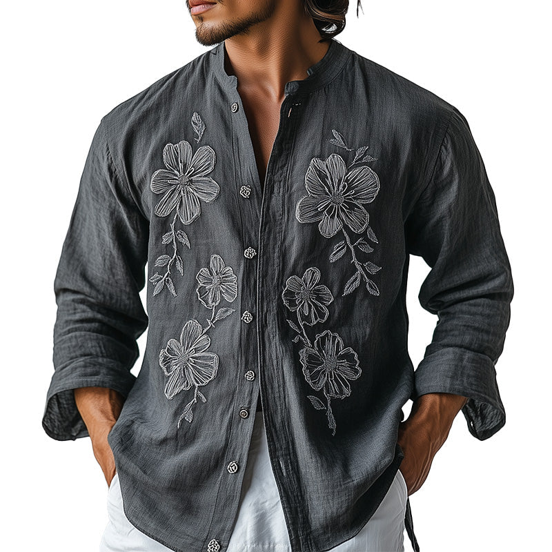 Men's Spring Fashion Embroidery Long Sleeve Lightweight Breathable Casual Shirt
