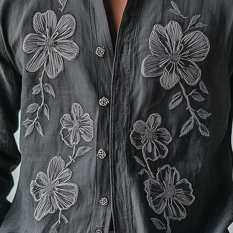 Men's Spring Fashion Embroidery Long Sleeve Lightweight Breathable Casual Shirt