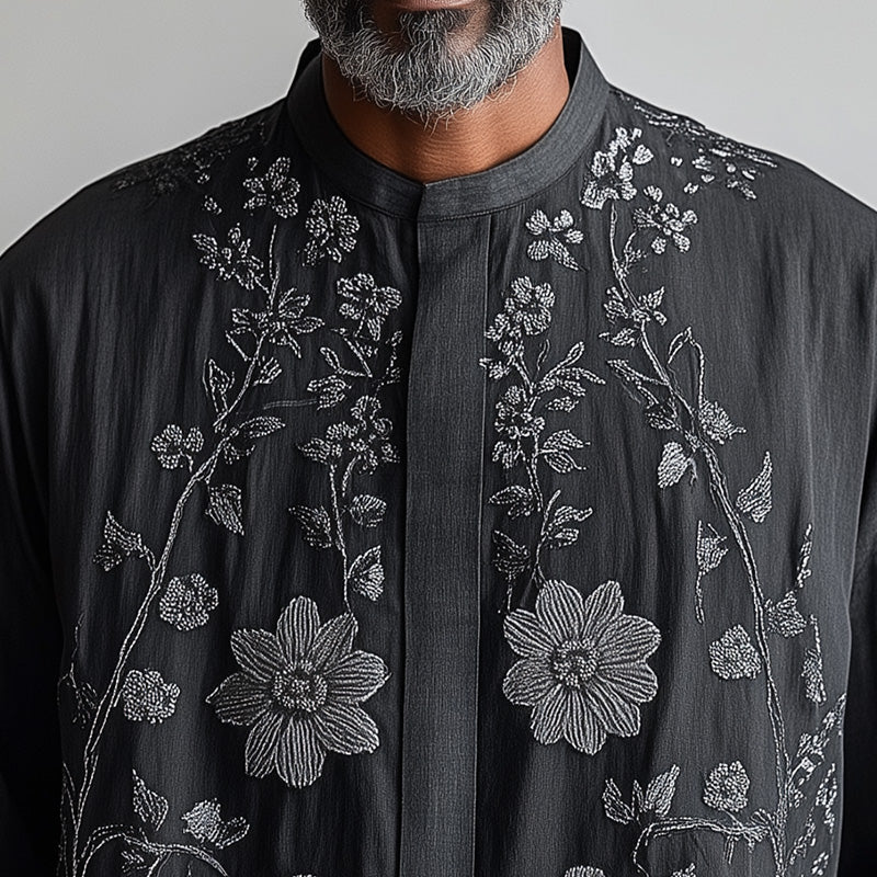 Men's Spring Retro Embroidery Long Sleeve Lightweight Breathable Casual Shirt
