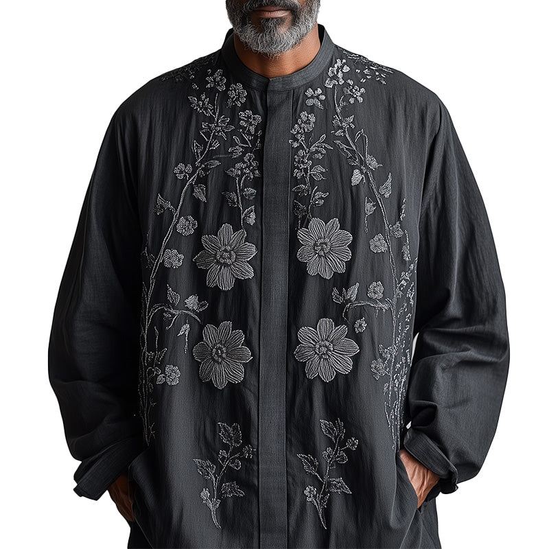 Men's Spring Retro Embroidery Long Sleeve Lightweight Breathable Casual Shirt