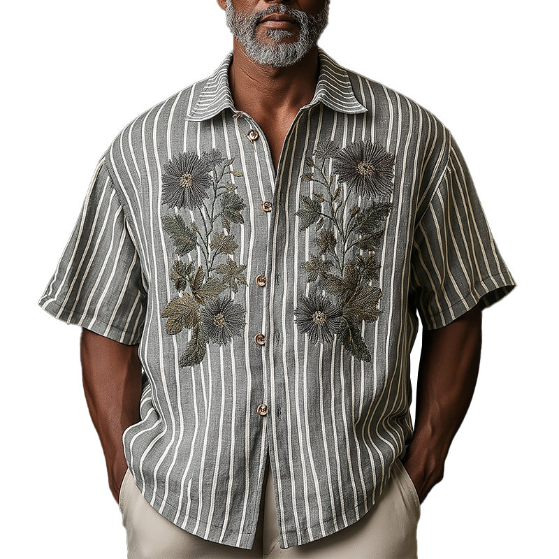 Men's Spring Retro Embroidered Striped Casual Short Sleeve Shirt