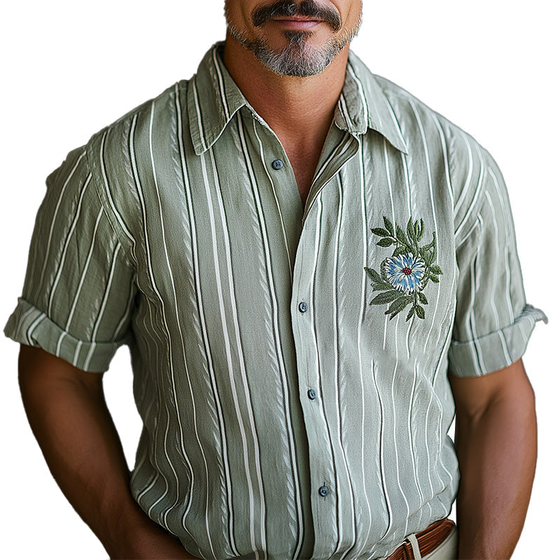 Men's Spring Retro Embroidered Striped Casual Short Sleeve Shirt