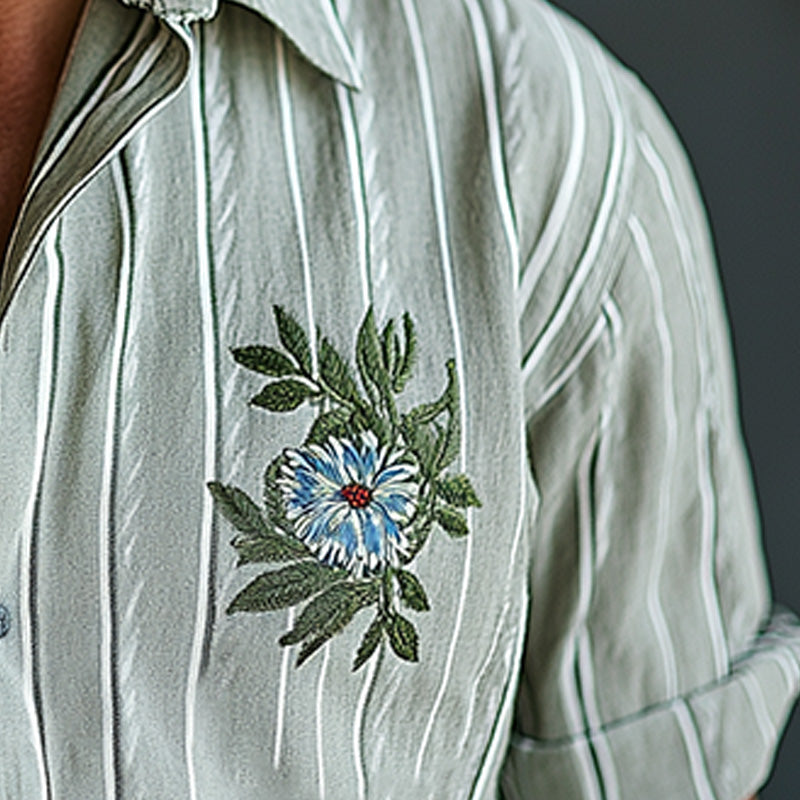Men's Spring Retro Embroidered Striped Casual Short Sleeve Shirt