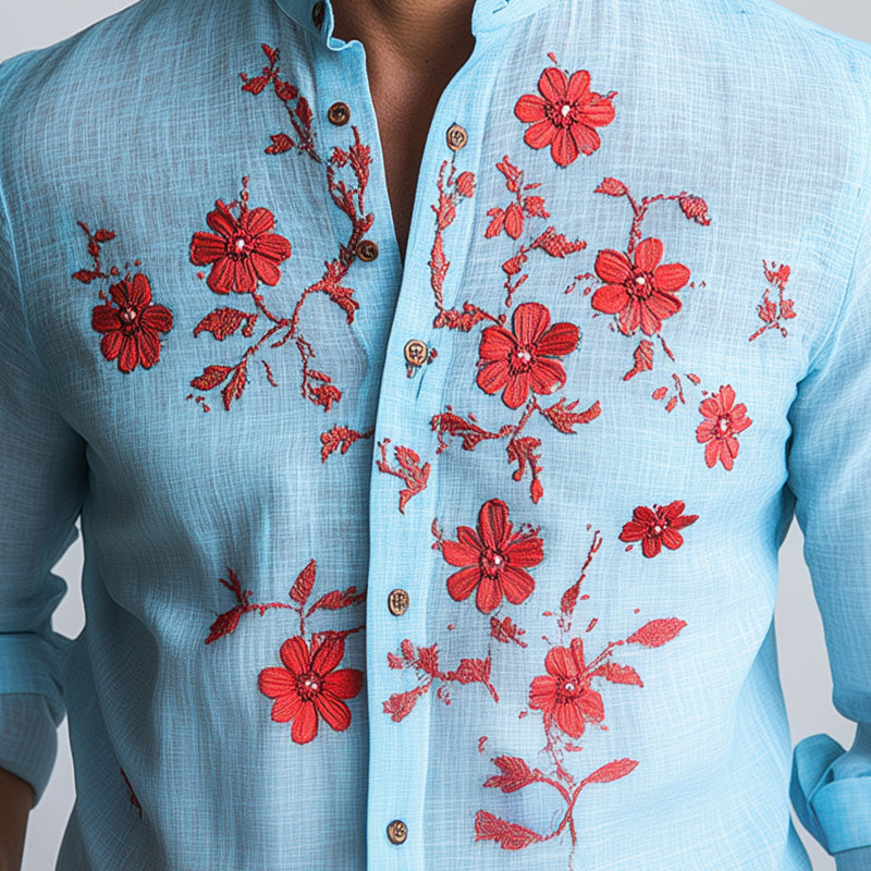 Men's Spring Fashion Contrast Embroidery Long Sleeve Casual Shirt