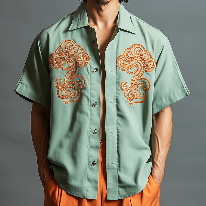 Men's Spring Fashion Contrast Embroidery Short Sleeve Casual Shirt