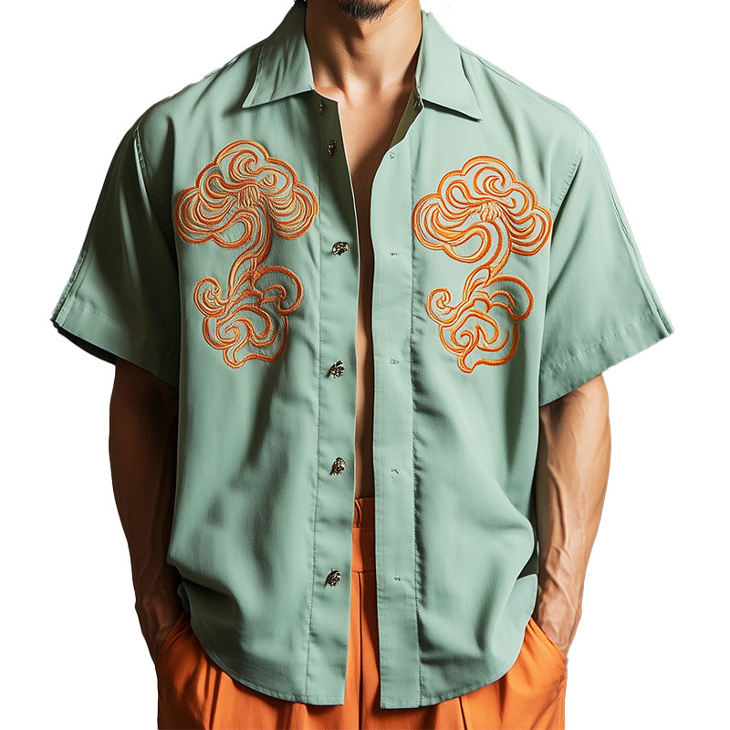 Men's Spring Fashion Contrast Embroidery Short Sleeve Casual Shirt