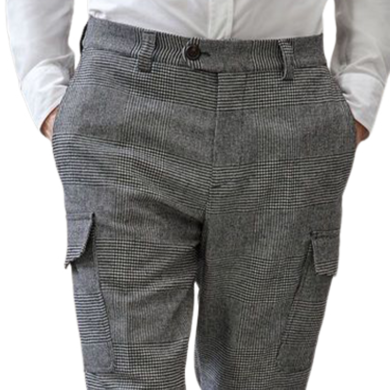 Men's Spring Fashion Classic Casual Houndstooth Multi-Pocket Pants