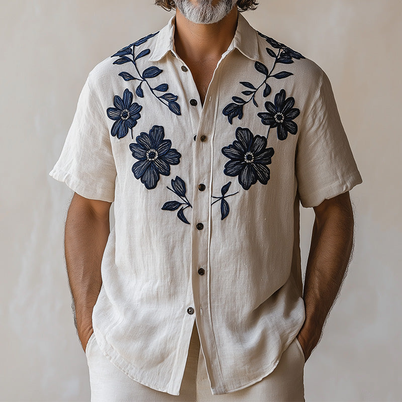 Men's Spring Fashion Vintage Embroidered Short Sleeve Shirt