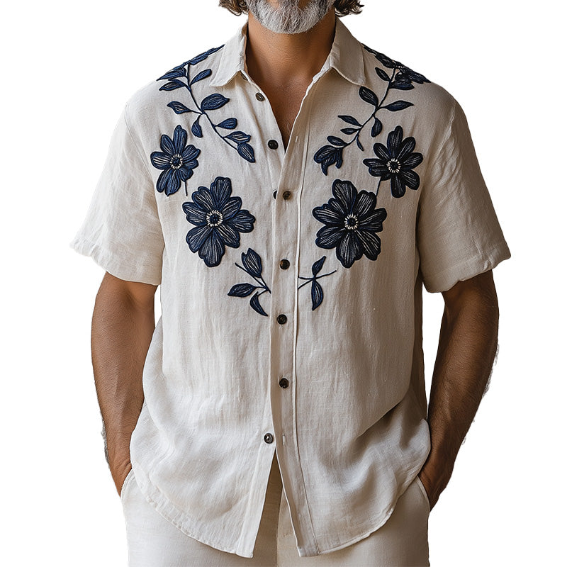 Men's Spring Fashion Vintage Embroidered Short Sleeve Shirt