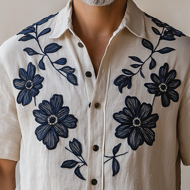 Men's Spring Fashion Vintage Embroidered Short Sleeve Shirt