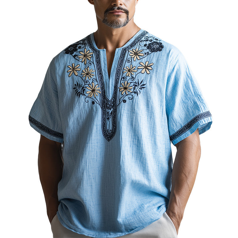 Men's spring fashion simple retro ethnic style embroidered short-sleeved shirt