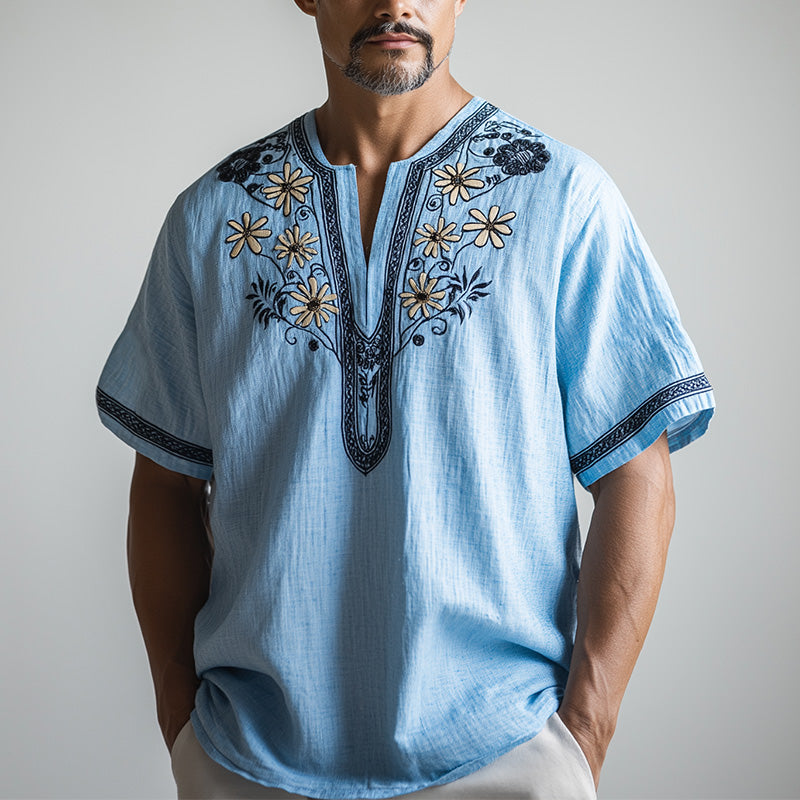 Men's spring fashion simple retro ethnic style embroidered short-sleeved shirt