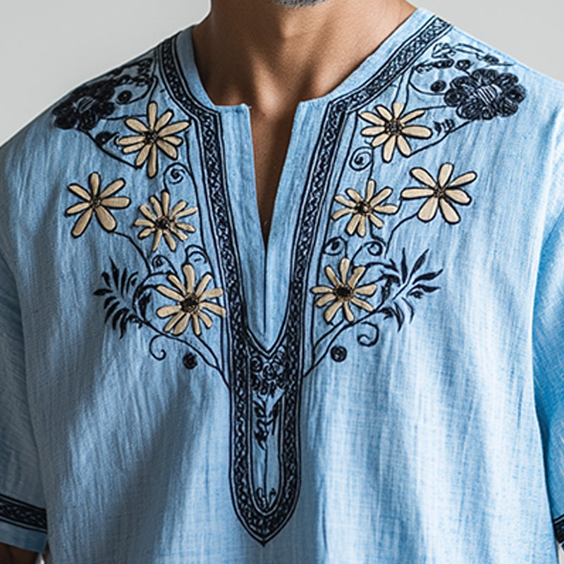 Men's spring fashion simple retro ethnic style embroidered short-sleeved shirt