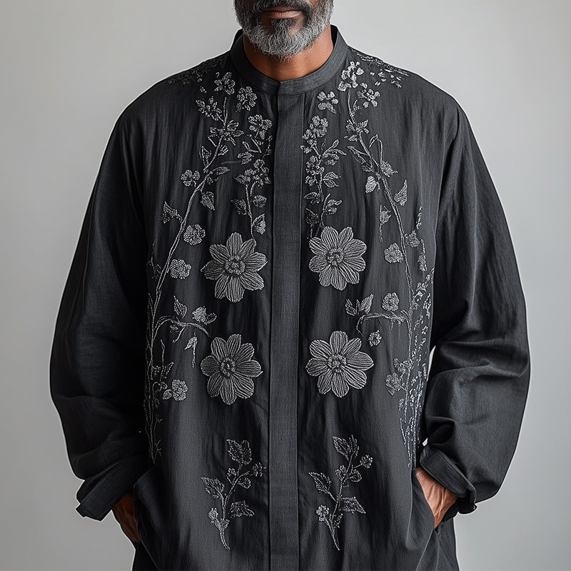 Men's Spring Retro Embroidery Long Sleeve Lightweight Breathable Casual Shirt